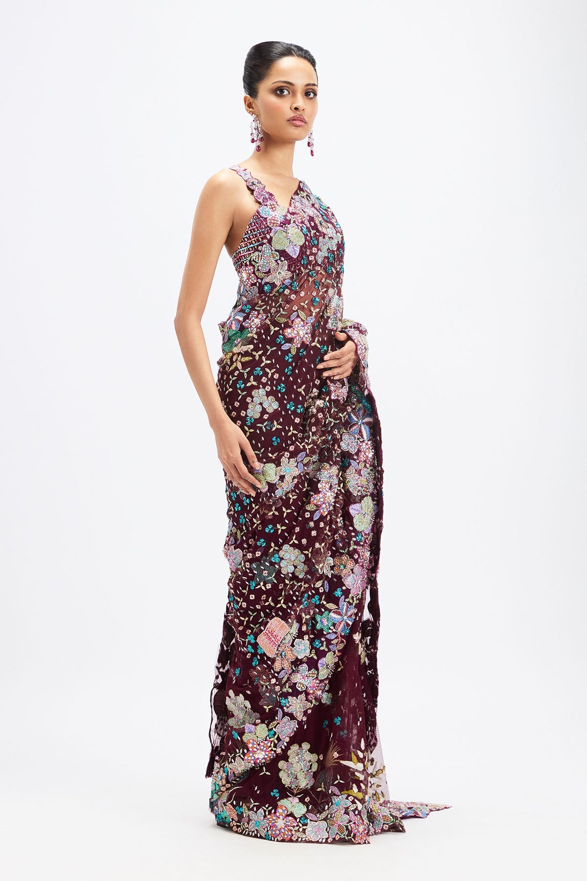 Sharvari In Noira - Plum Tulle Net Saree Set-RTS