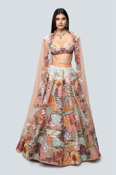 Woman wearing Aisha Rao Our 'Divergence' peach printed appliquéd and embellished
