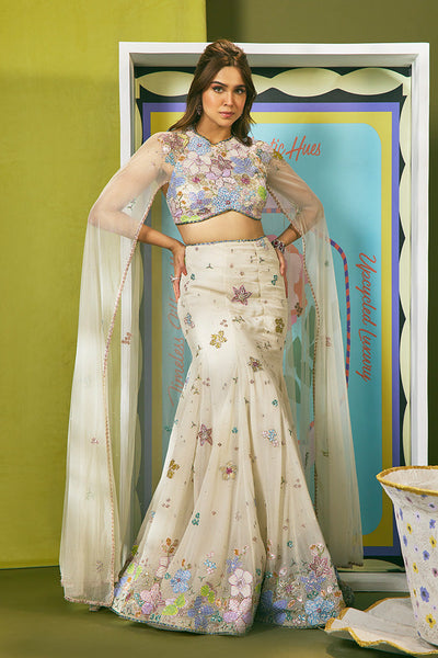 Sharvari wearing Aisha Rao ivory mermaid lehenga set