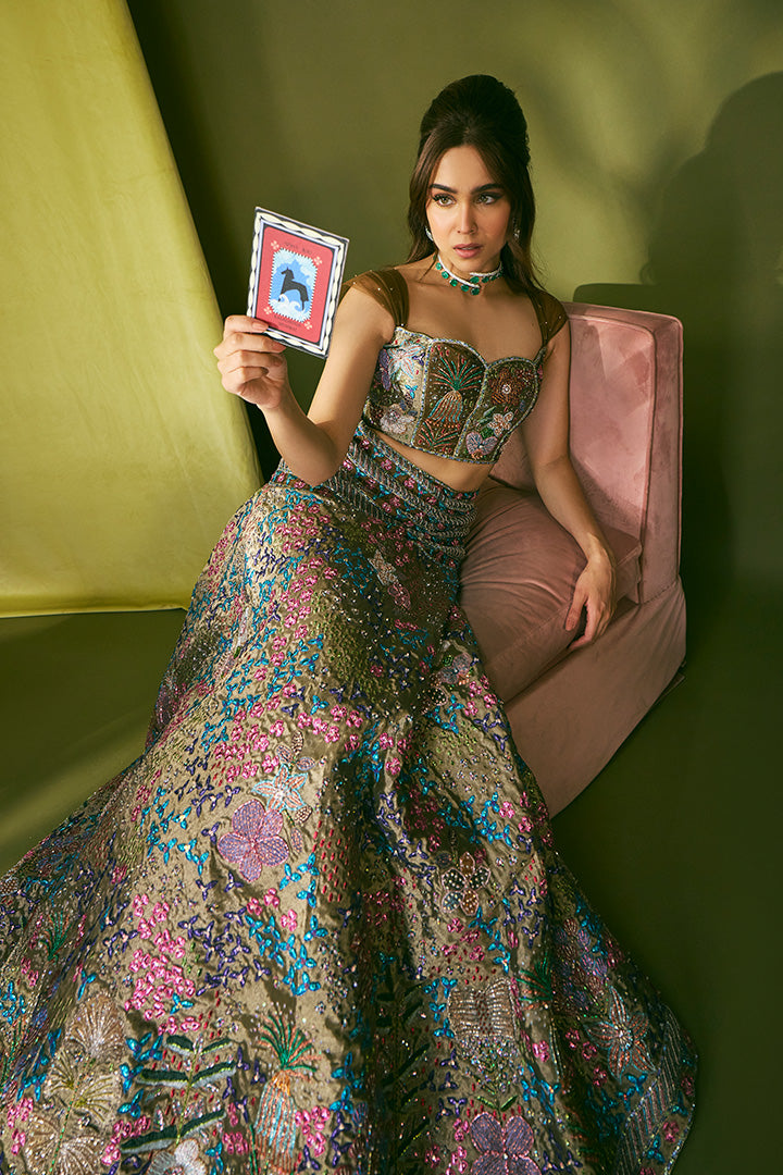 Sharvari wearing Aisha Rao olive ruched lehenga set
