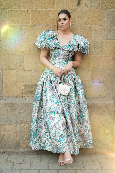 Summiyya Patni In wearing Kinfolk pink-green jacquard cape gown