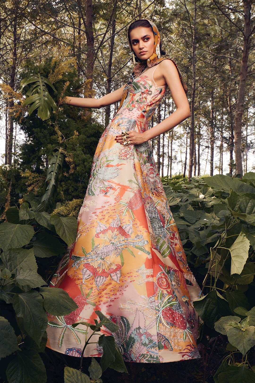 Aisha Rao satin organza gown side view with structured bodice