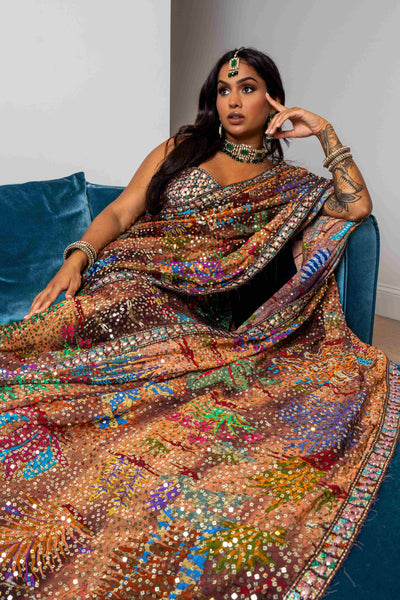 Sundream - teakberry mustard sequin georgette draped saree
