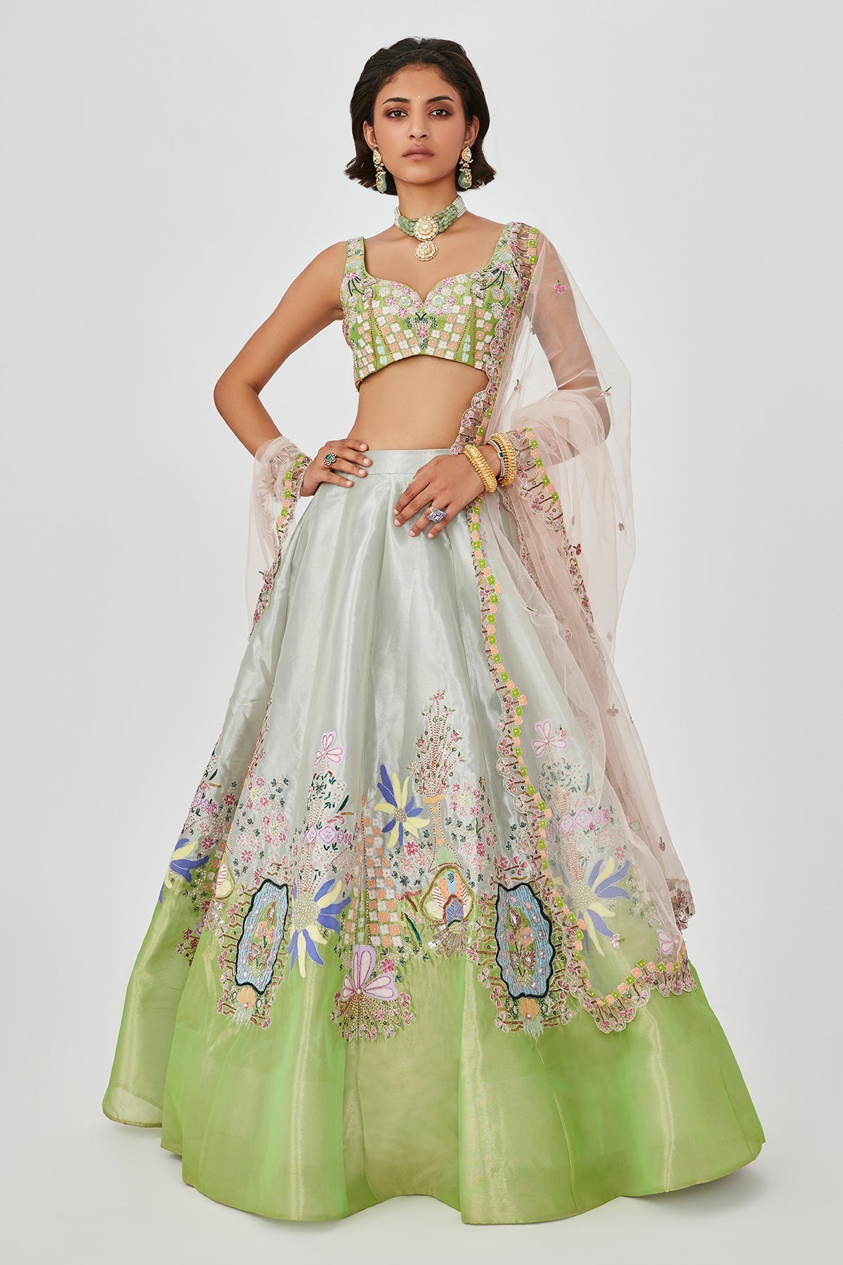 Gulshan - Ivory Lime Tissue Lehenga Set-RTS