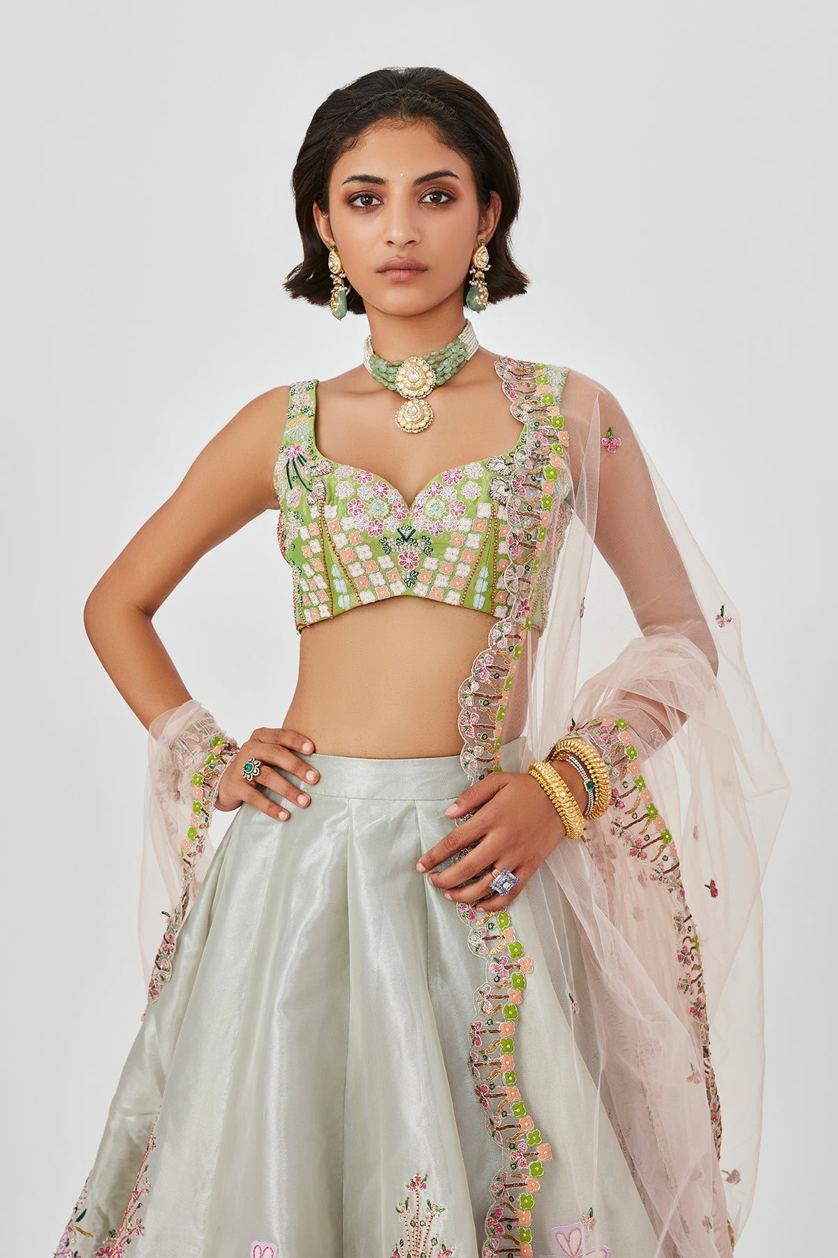 Gulshan - Ivory Lime Tissue Lehenga Set-RTS