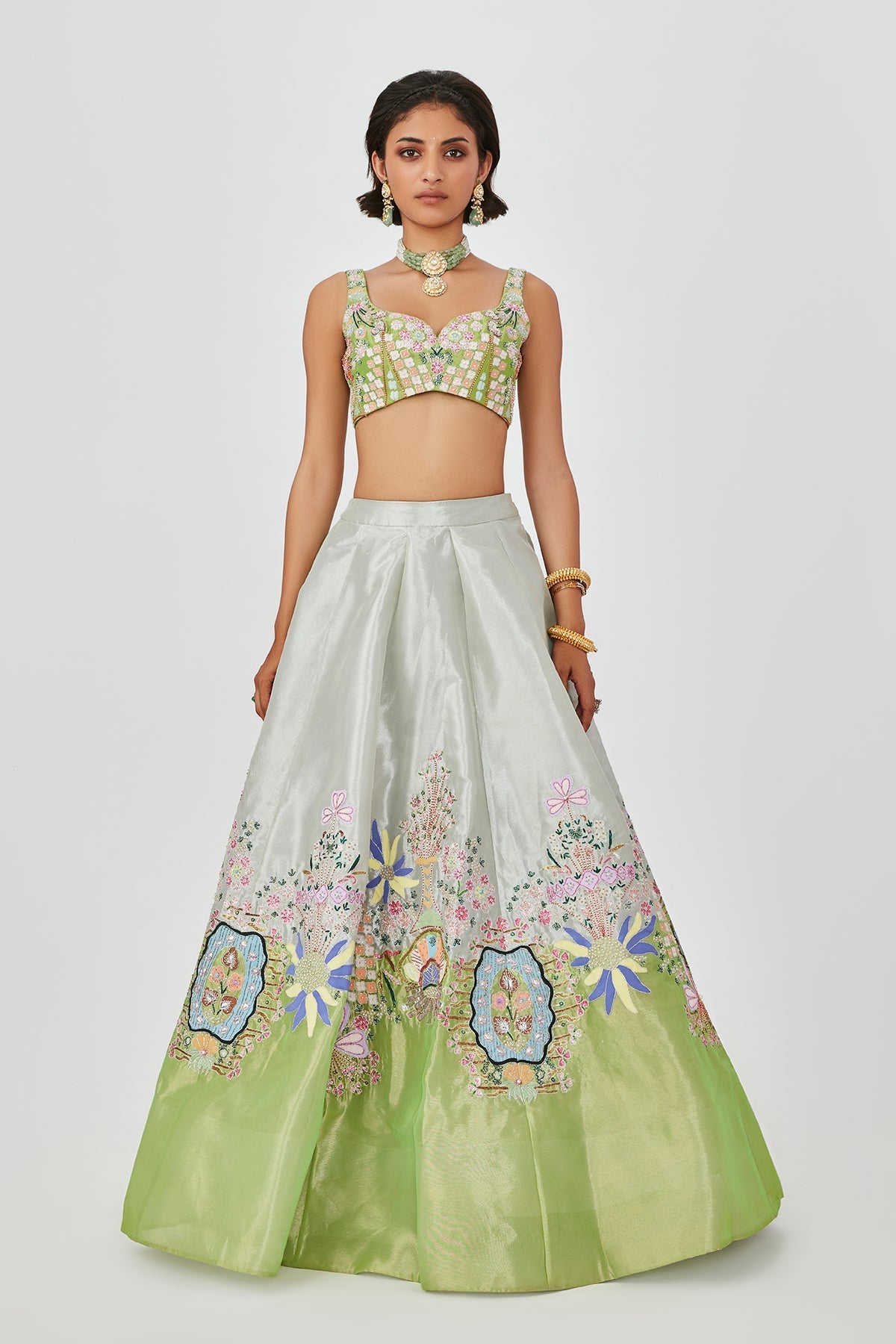 Gulshan - Ivory Lime Tissue Lehenga Set-RTS