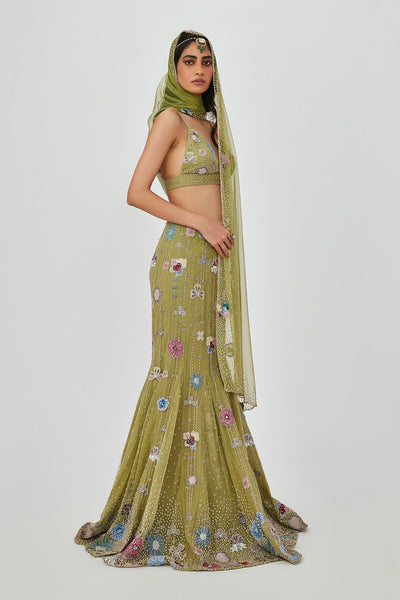 Zarina - Olive Tulle Net Lehenga Set-RTS