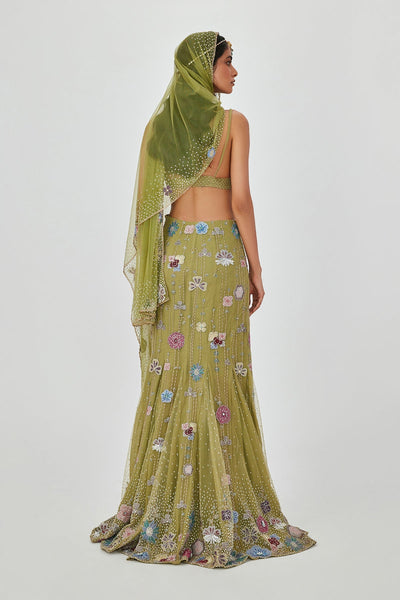 Zarina - Olive Tulle Net Lehenga Set-RTS