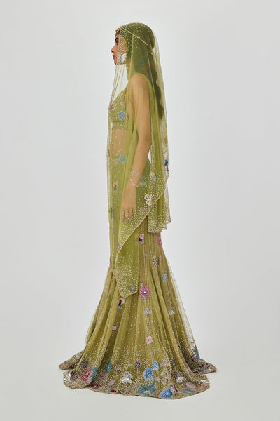 Zarina - Olive Tulle Net Lehenga Set-RTS