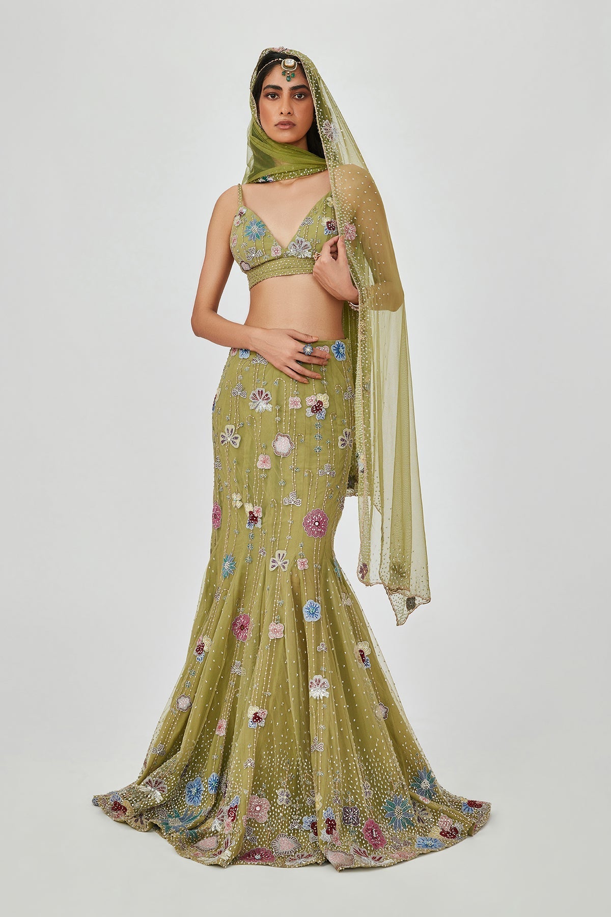 Zarina - Olive Tulle Net Lehenga Set-RTS