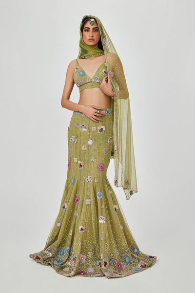 Zarina - Olive Tulle Net Lehenga Set-RTS