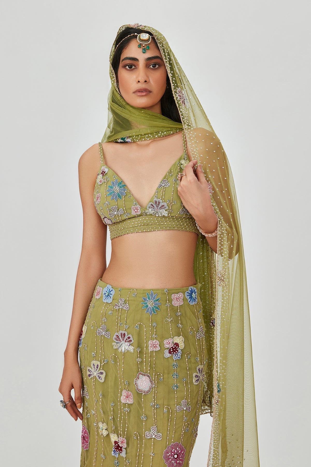 Zarina - Olive Tulle Net Lehenga Set-RTS