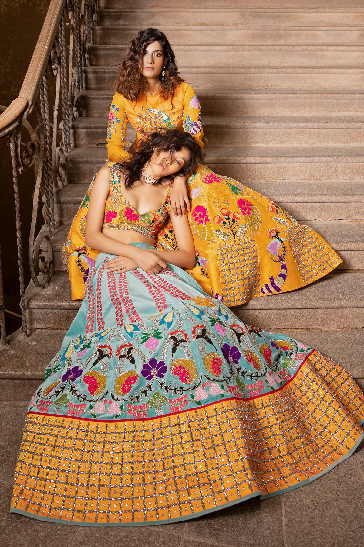 Yellow lehenga set styled with tulle net dupatta