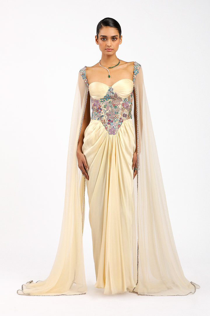 Buy Zaférine Beige Silky Satin Pleated Gown Online