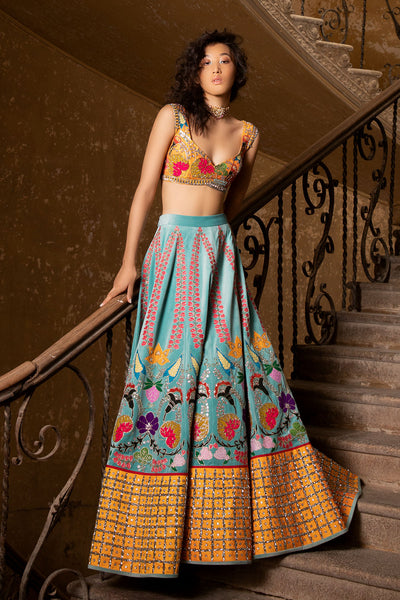 Right profile of scuba blue lehenga look