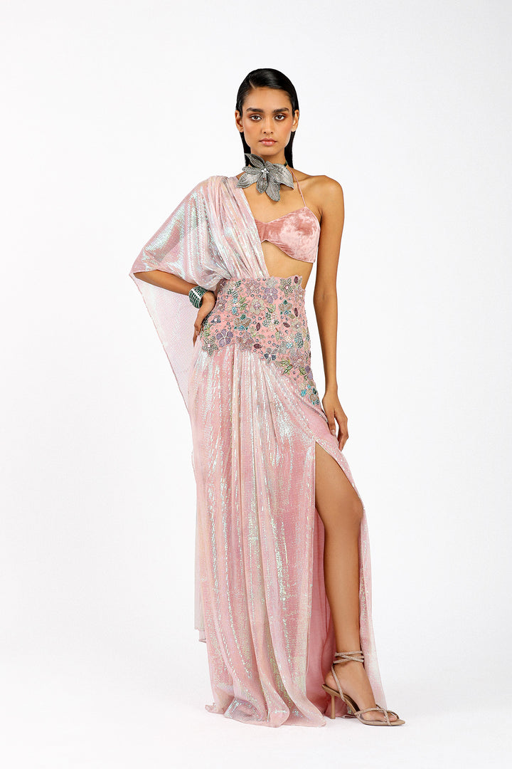 saree dress pink Pink Georgette Embroidered Gown Saree Wedding Wear
