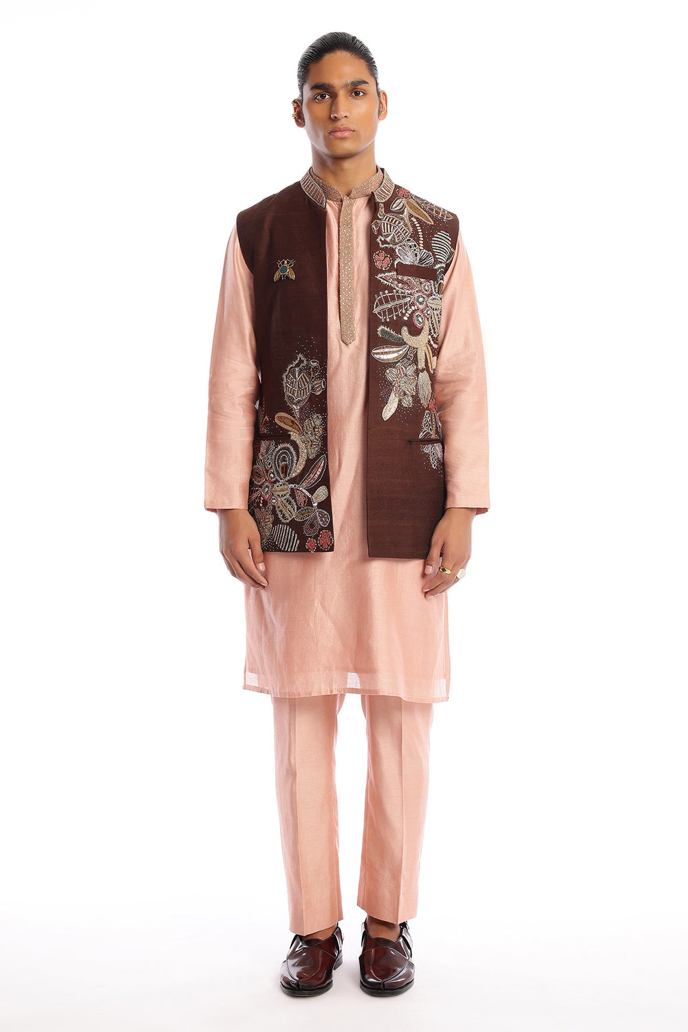 Melange - Brown- Peach Raw Silk Bundi