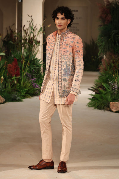 Wild At Heart cantaloupe sandstone ombre applique embellished raw silk open jacket with satin kurta and cotton lycra pants shown in a full couture view