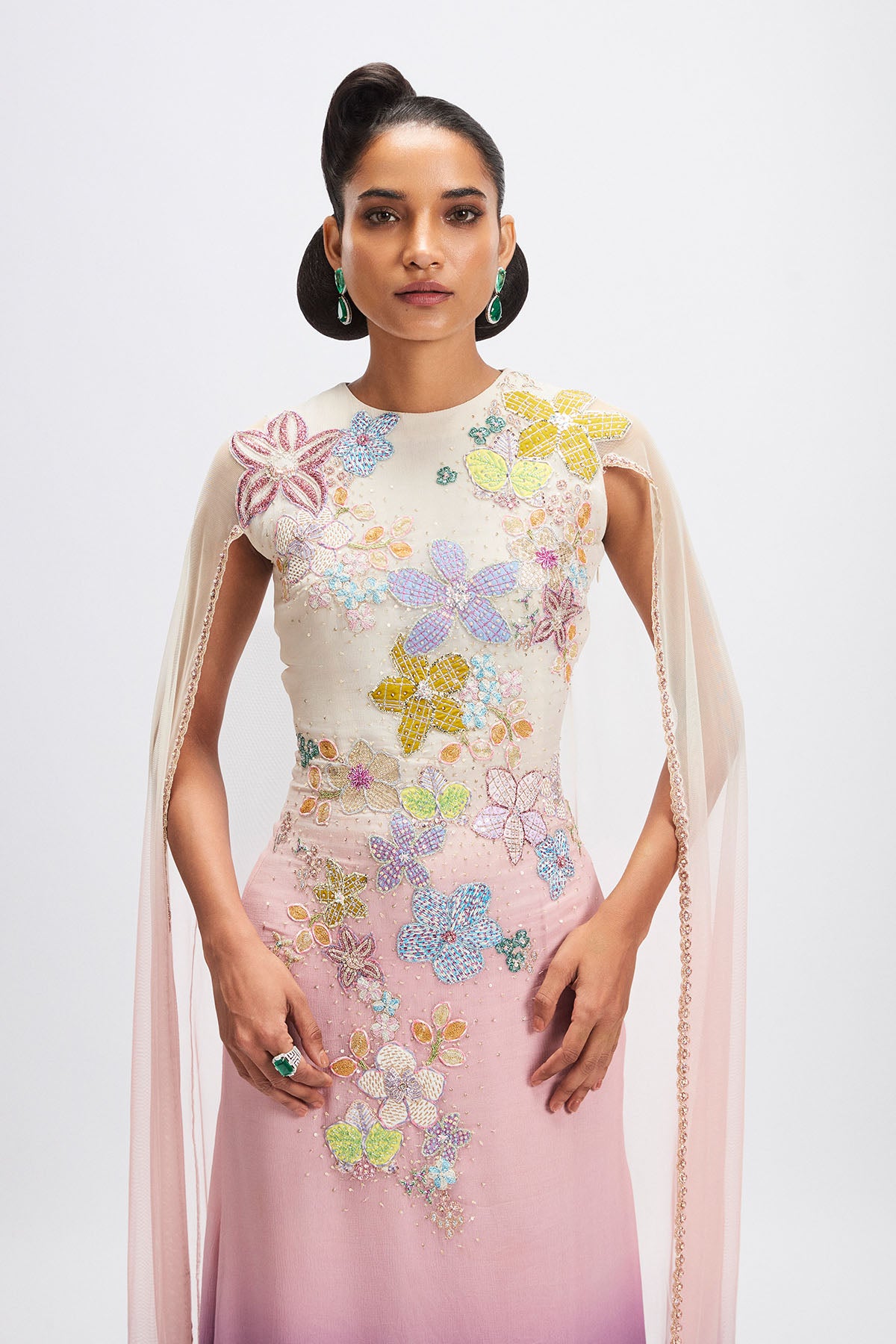 Close-up of applique work on dusk gown bodice