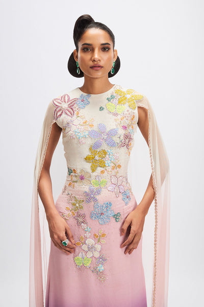 Close-up of applique work on dusk gown bodice