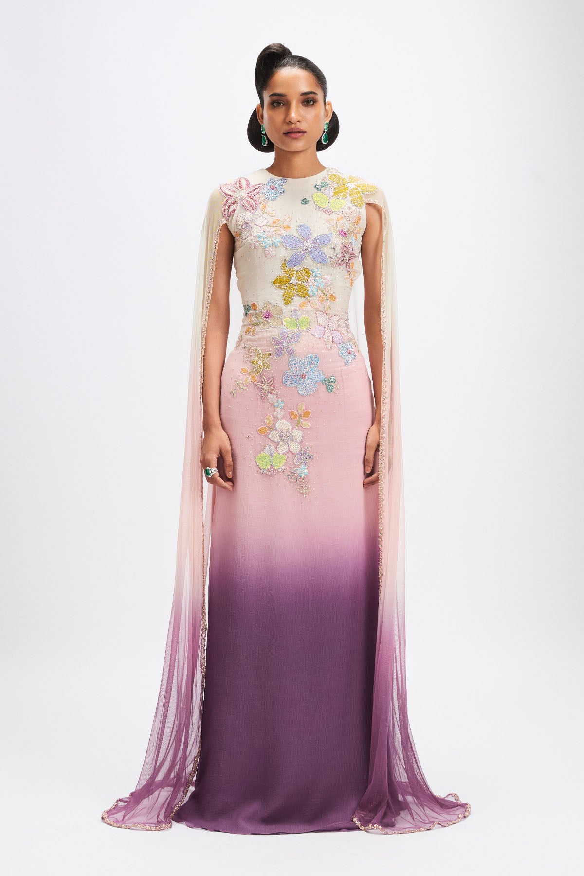 Woman wearing dusk georgette cape gown