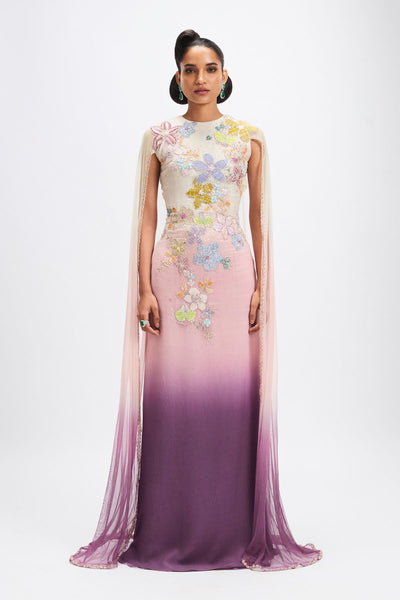 Woman wearing dusk georgette cape gown