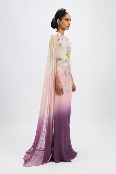 Applique embellished dusk gown from right angle