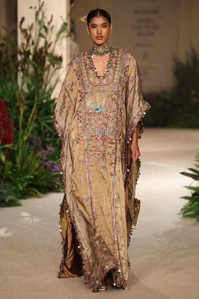 Front view of the Wild At Heart golden banarasi brocade kaftan highlighting applique detailing and luminous texture