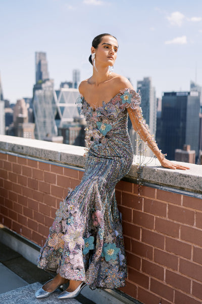 Willowaze - Grey Organza Beaded Gown