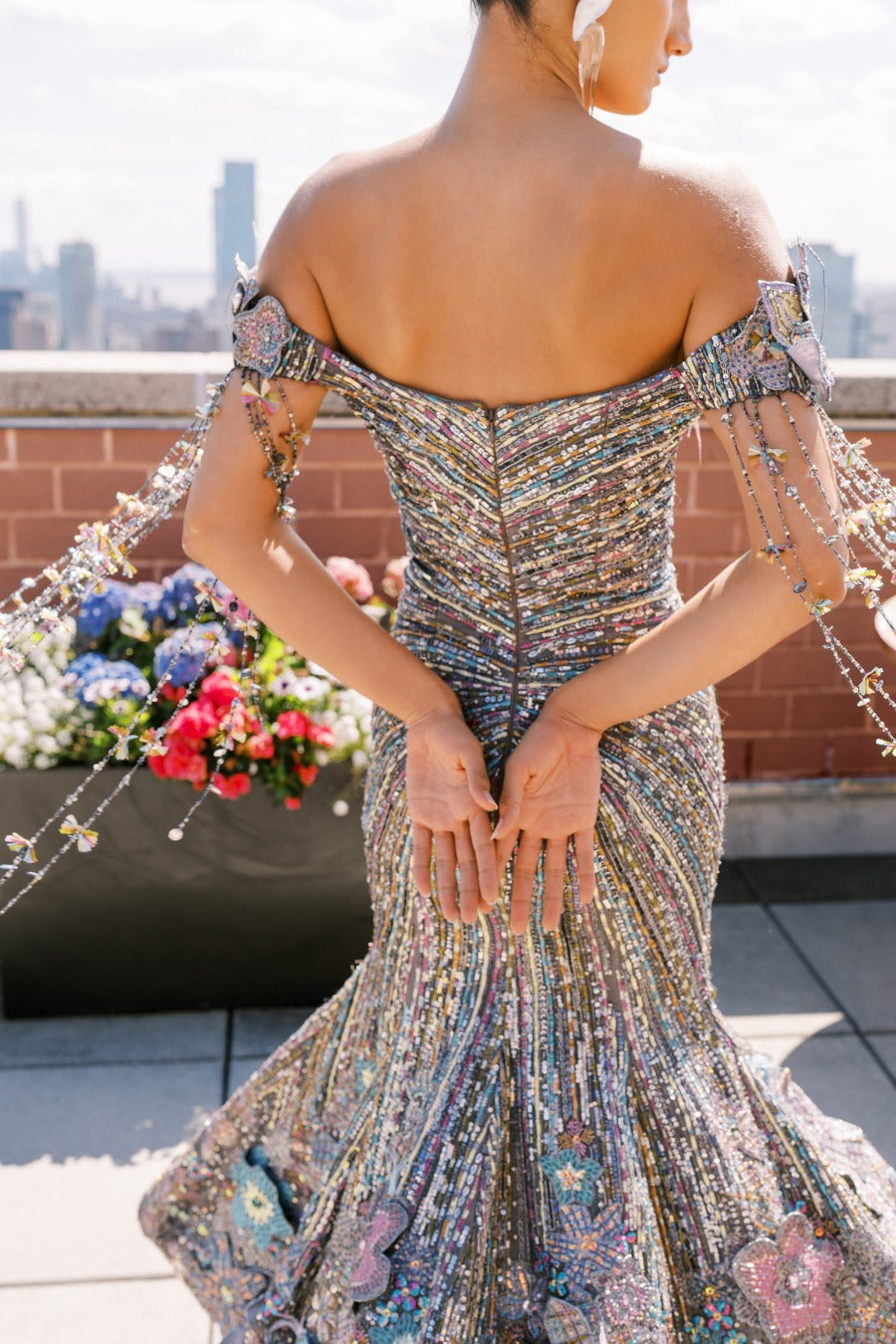 Floral motif detail revealing the 3D applique arrangement with intricate bead artistry