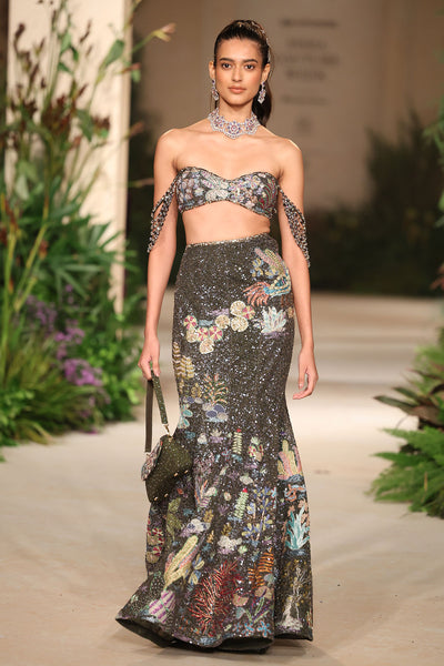 Close look at the applique work on the gunmetal tulle lehenga with couture embellished textures