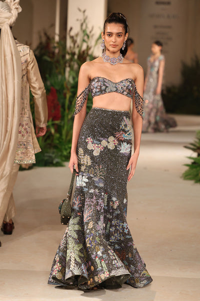 Embellished panel of the gunmetal tulle lehenga displaying rich beadwork and layered appliqué craftsmanship