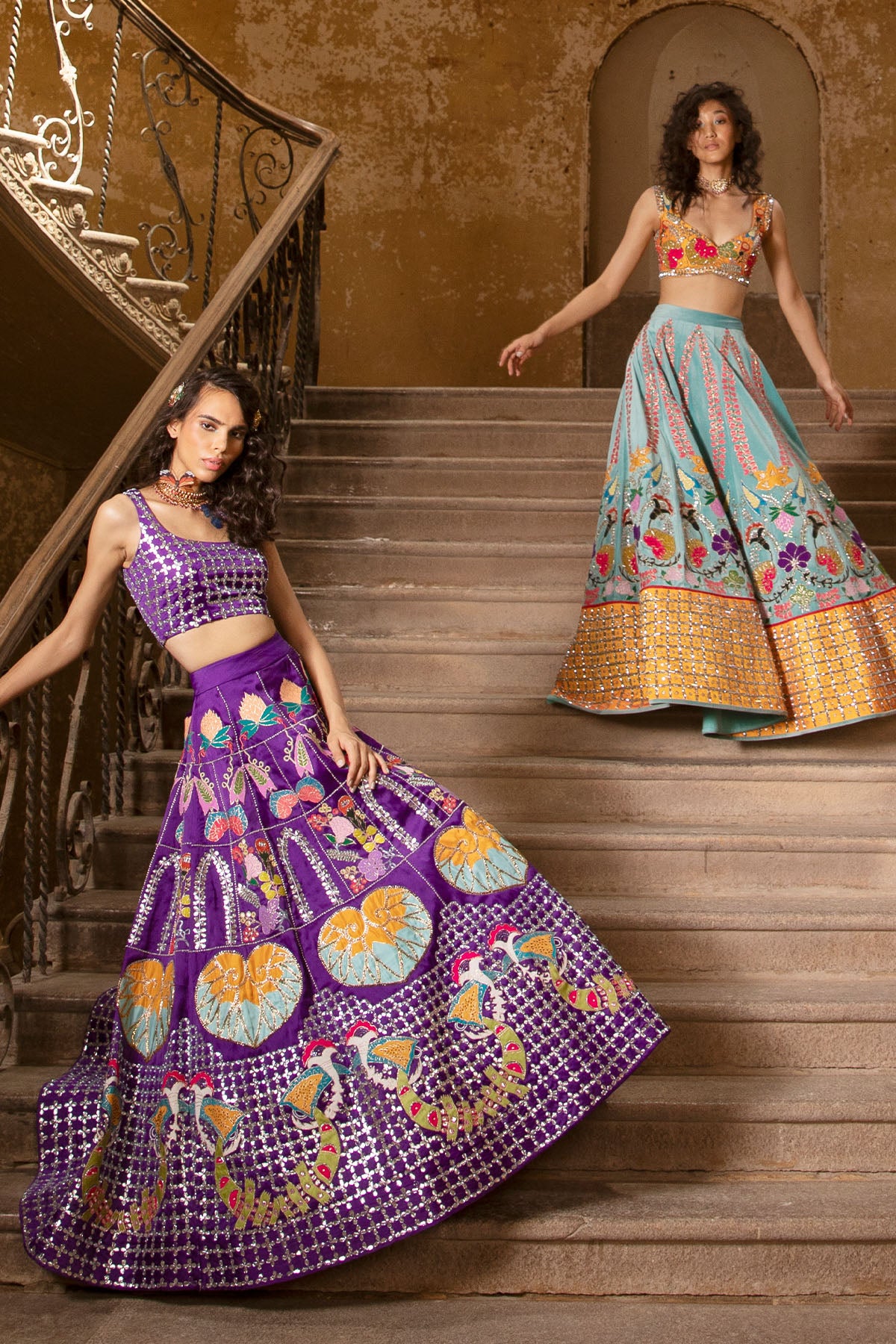 Tulle dupatta and blouse paired with lehenga