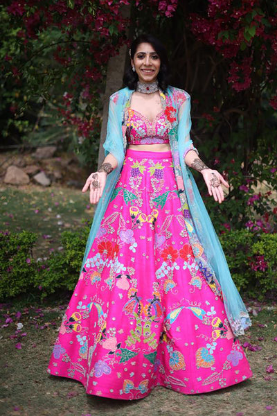 Front view of Hot Pink lehenga and blouse set