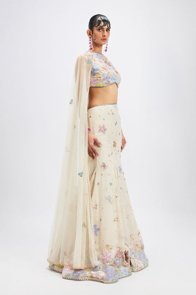 Right profile of Aisha Rao ivory mermaid lehenga