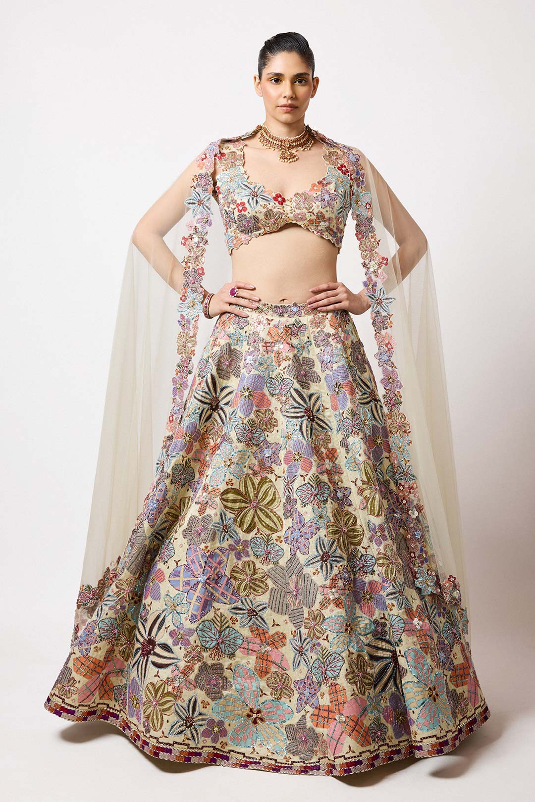 Woman wearing Aisha Rao Matilda Ivory Printed Applique Embellished Kasab Satin Hk
