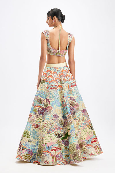 Rear view of Aisha Rao ivory lehenga with blouse