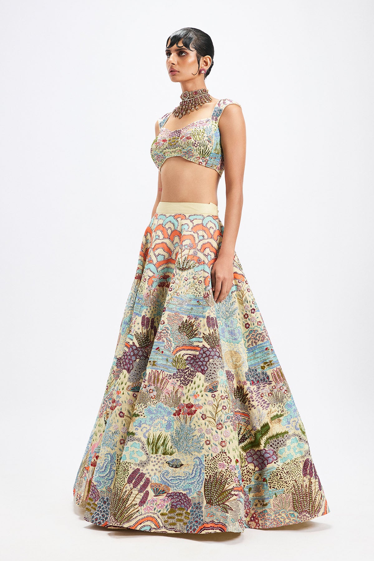 Applique embellished blouse and dupatta side profile