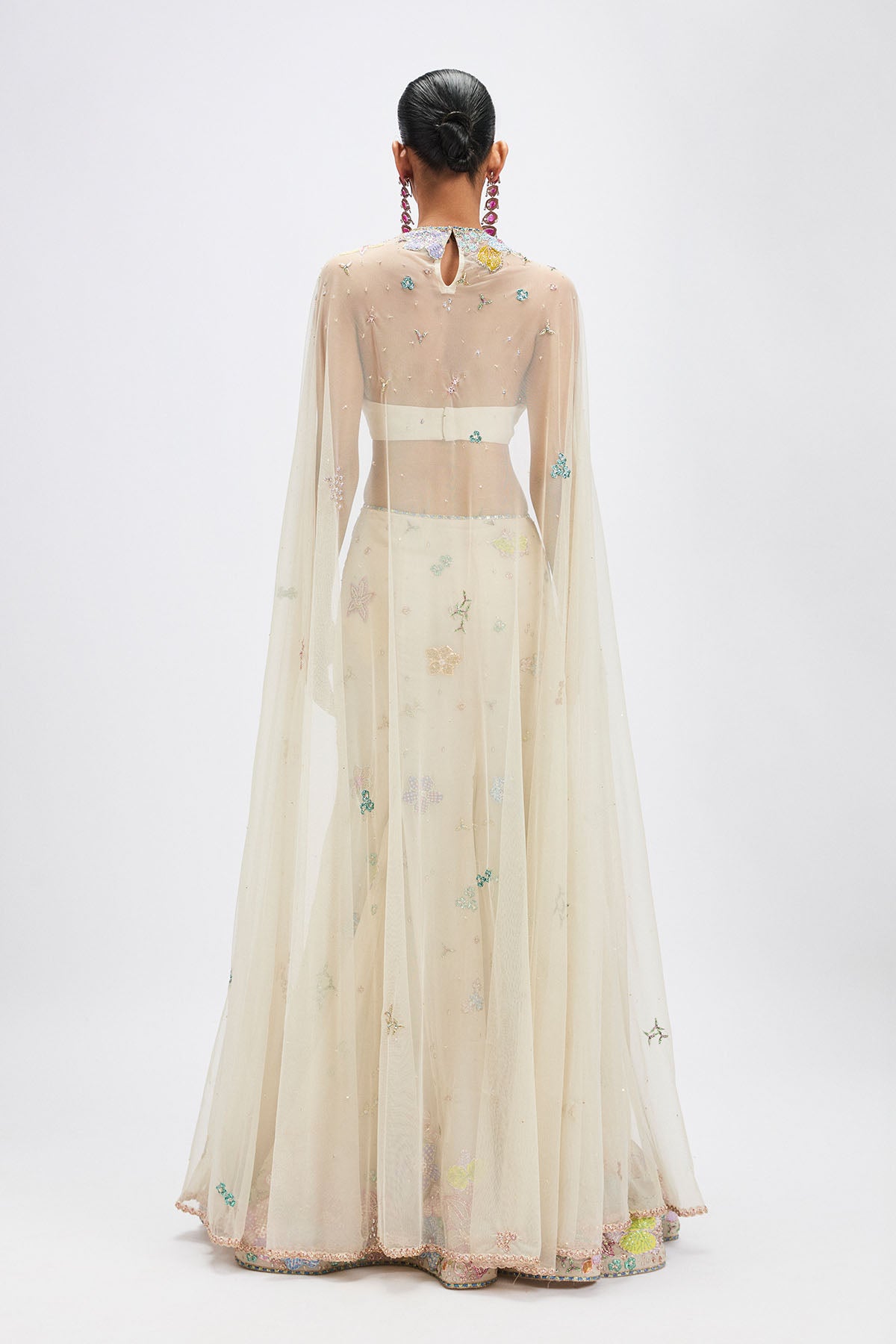 Sharvari In Aisha Rao cape blouse back with ivory mermaid lehenga