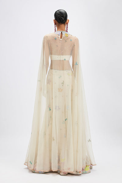 Sharvari In Aisha Rao cape blouse back with ivory mermaid lehenga