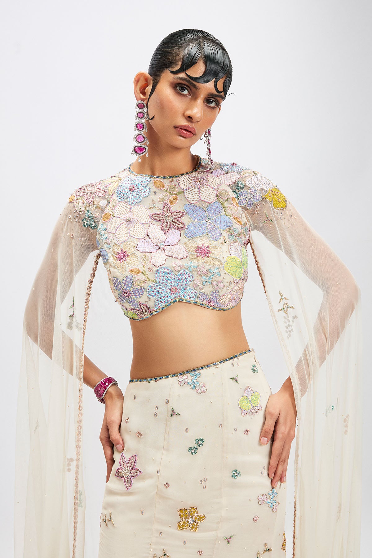 Sharvari In Georgette lehenga and cape embroidery detail front