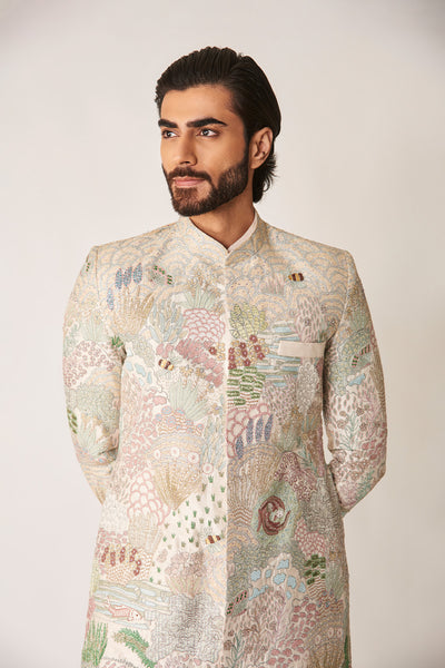 Close-up of applique embellished ivory sherwani