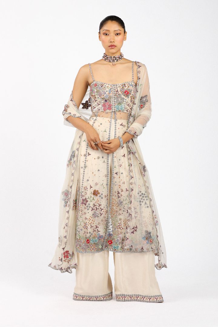 Woman wearing Matilda ivory tulle front open anarkali set