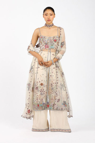 Woman wearing Matilda ivory tulle front open anarkali set