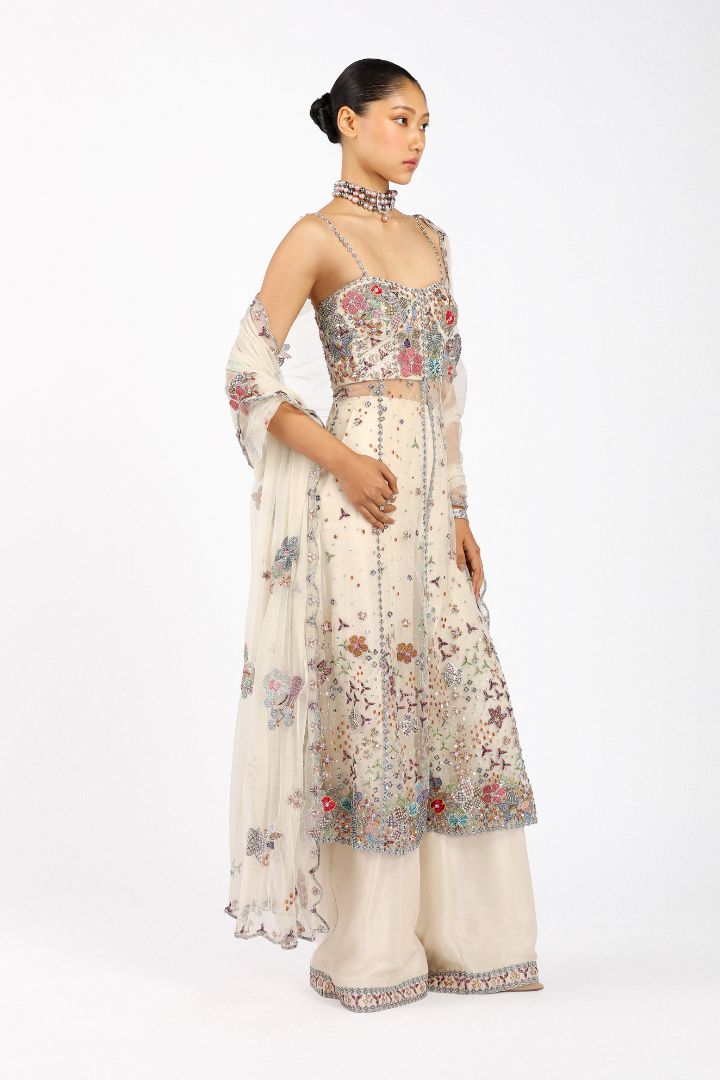 Right view of Matilda ivory tulle net front open anarkali