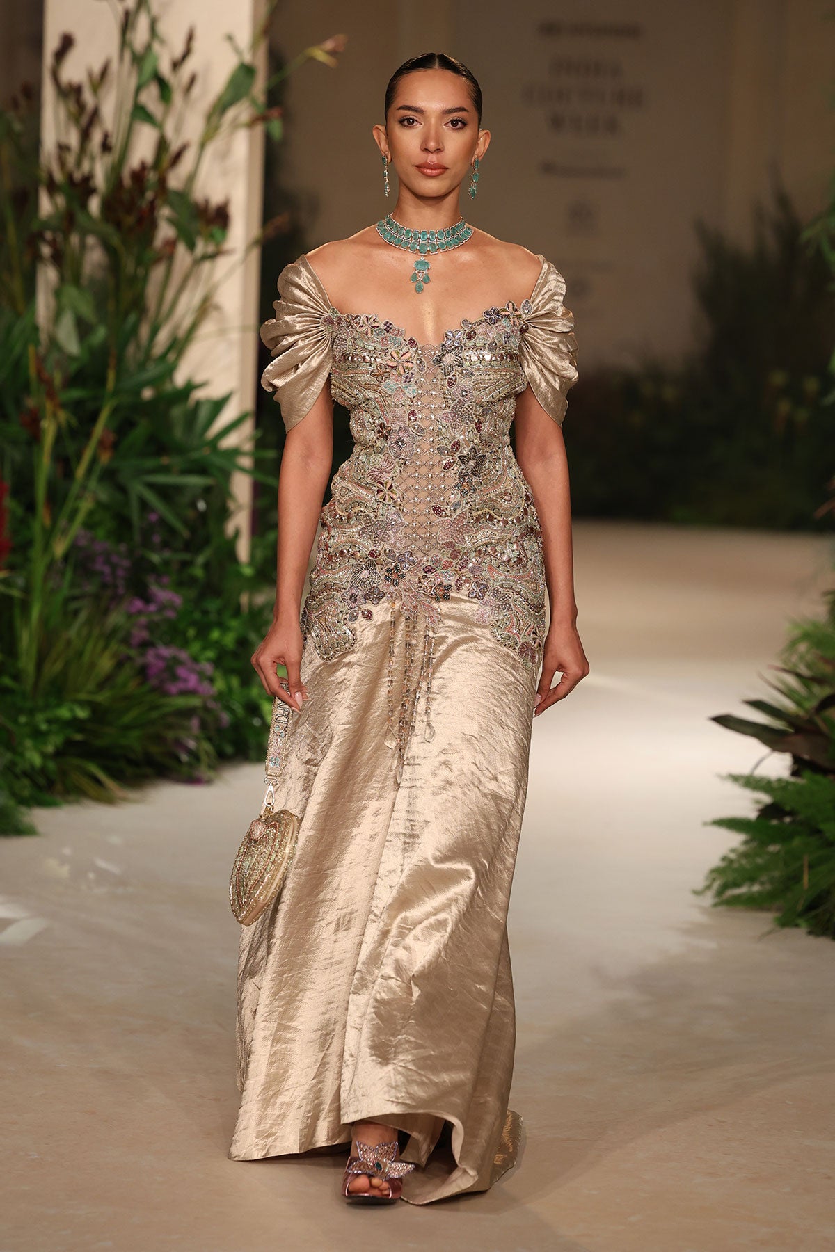 Floral applique motif detail from the Wild At Heart light gold banarasi tissue brocade gown