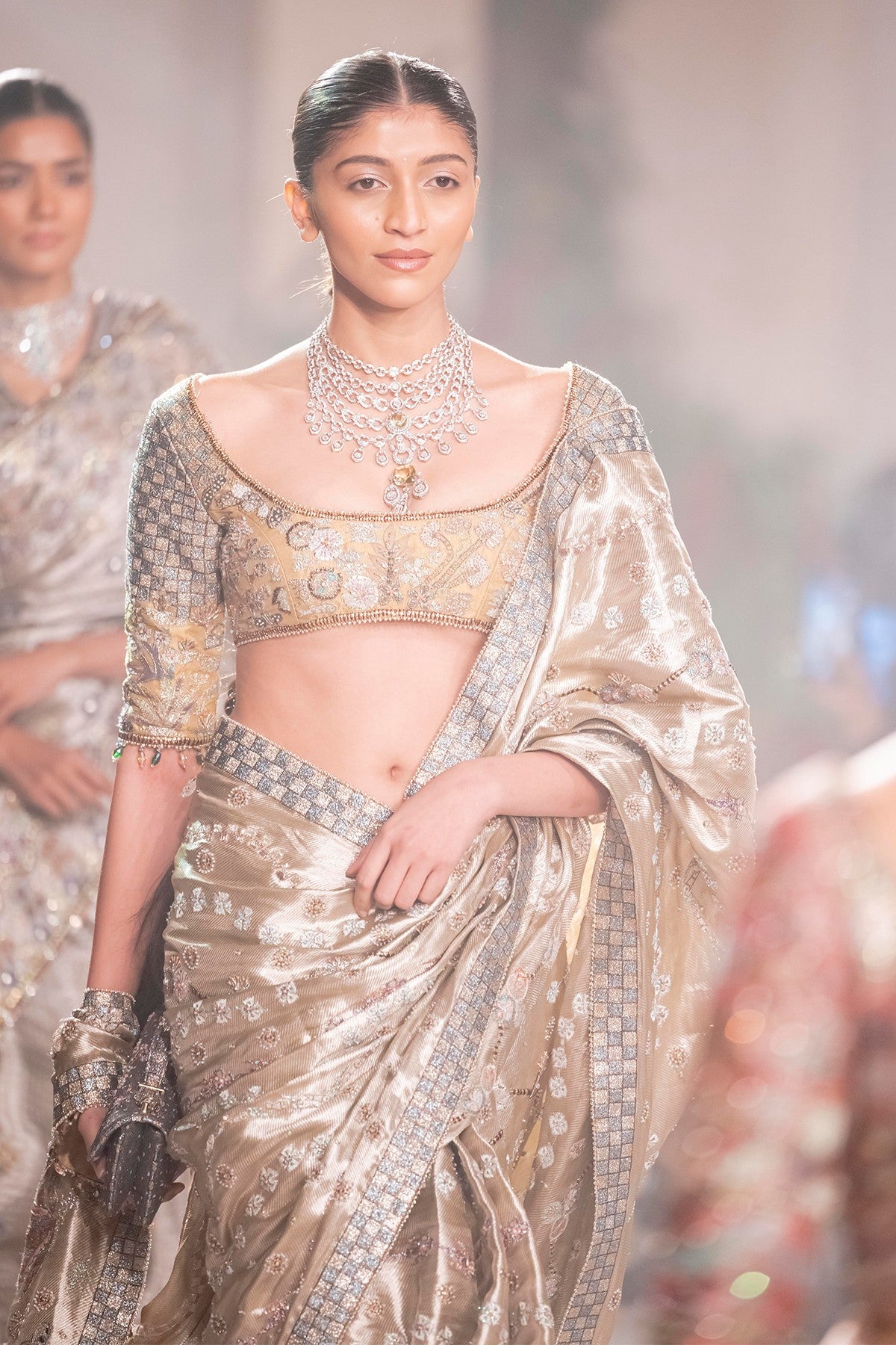 Wild At Heart light gold applique embellished banarasi tissue brocade saree with tissue blouse shown in a full couture view