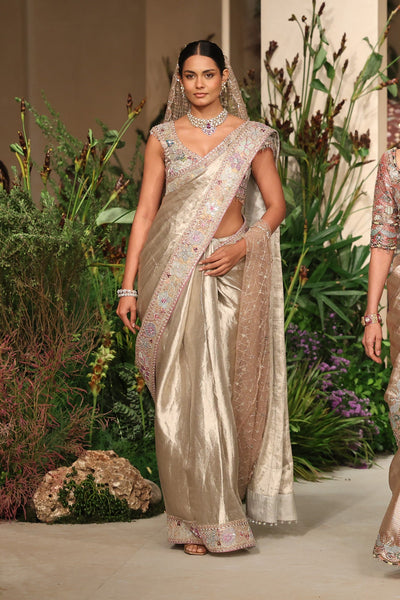 Wild At Heart light gold applique embellished banarasi tissue brocade saree with blouse shown in a full couture view