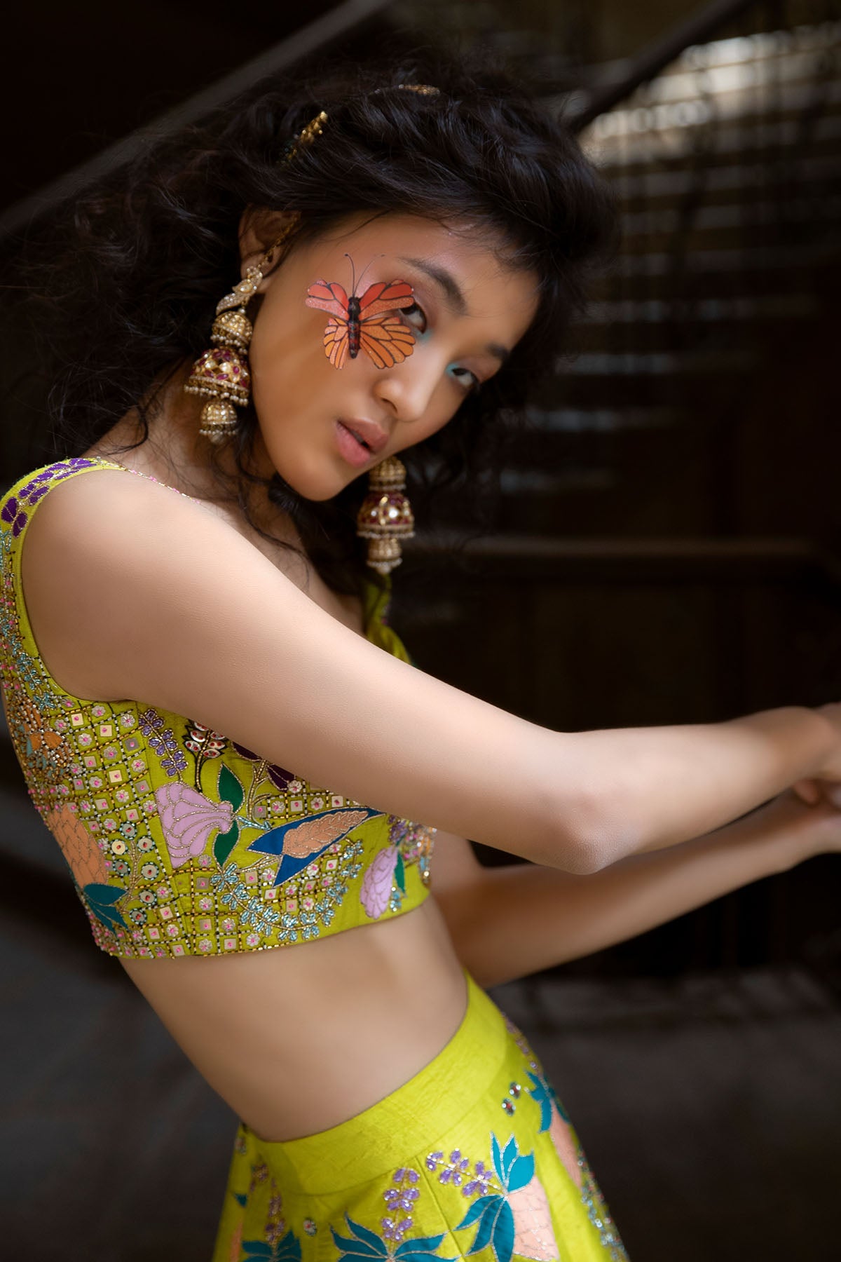 Designer lime lehenga with silk border panel