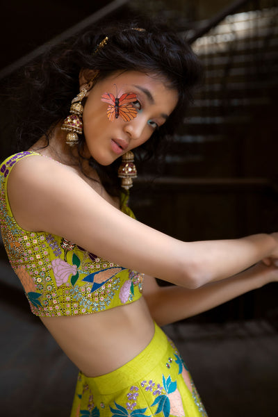 Designer lime lehenga with silk border panel